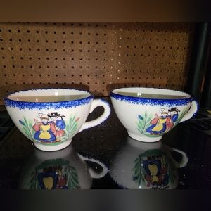 French Faiencerie de Pornic Breton Pottery 2 Coffee Mugs French Couple Folk Art